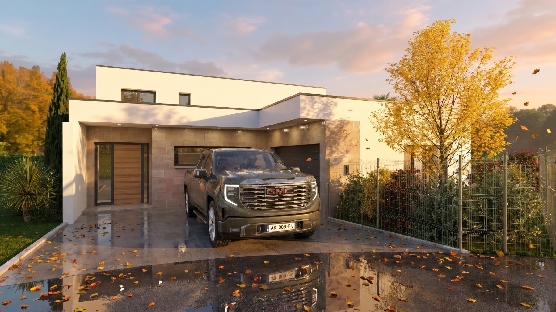 Façade avant de maison avec garage et volumes en 3D