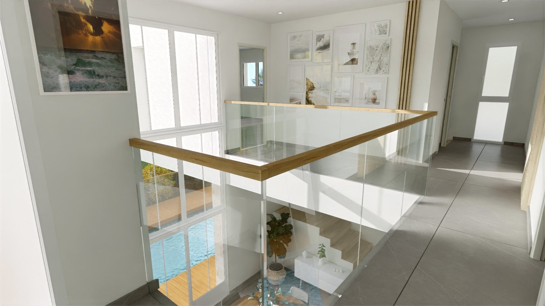 Vue intérieure 3D avec mezzanine, escalier et garde-corps