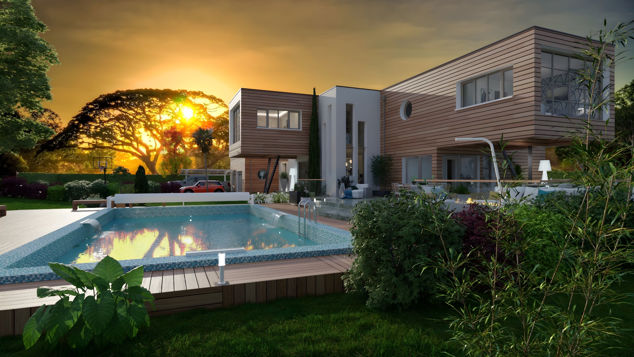 Avant-projet 3D de maison contemporaine avec terrasse et piscine