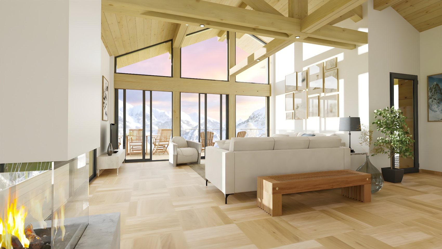 Visuel 3D intérieur d’un séjour de chalet bois lumineux